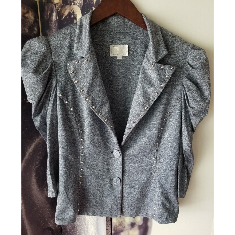 Alberto Makali Womens Gray Blazer Stretch Studded Lapels Ruched 3/4 Sleeves L